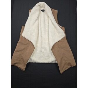 BCX Womens Sherpa Lined Suede Vest Brown Open Front Waterfall Collar Size L